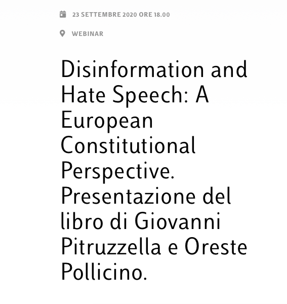 Presentazione del libro: "Disinformation and Hate Speech: A European Constitutional Perspective"